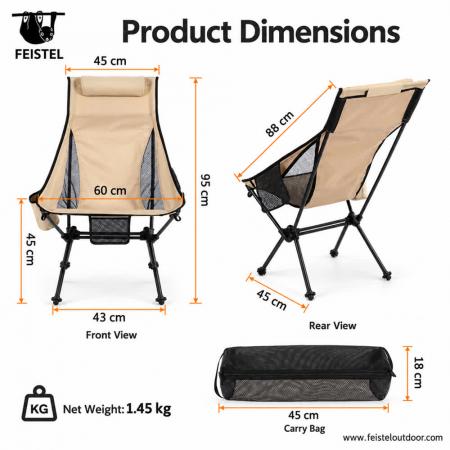 Silla de camping con almohada de respaldo alto: silla plegable de aluminio de 1,3 kg, capacidad de 150 kg 