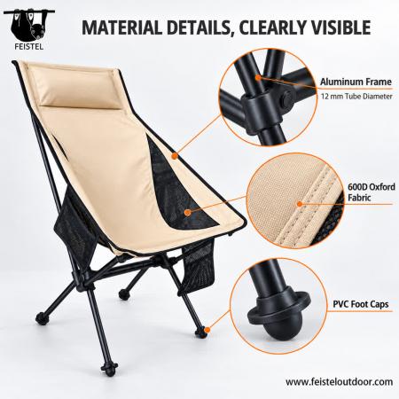 Silla de camping con almohada de respaldo alto: silla plegable de aluminio de 1,3 kg, capacidad de 150 kg 