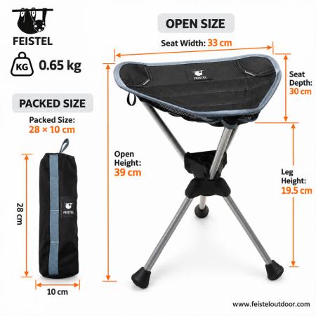 Taburete de camping ligero: mini taburete de camping plegable tipo trípode de 0,65 kg con estructura de aluminio 7075, asiento de tela Oxford y bolsa de transporte 