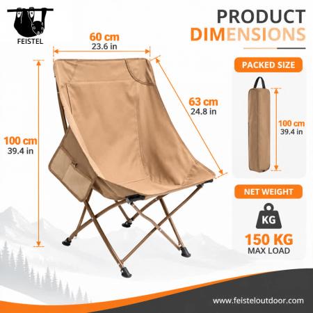 Silla de camping sin reposabrazos: silla de camping plegable de respaldo alto sin reposabrazos, estructura de aluminio 7075, malla de poliéster 600D y capacidad de 150 kg 